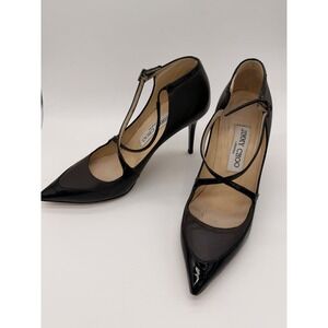 Jimmy Choo Black Leather Patent Crisscross T-Strap Pointed‎ Toe Pumps 36.5 Italy